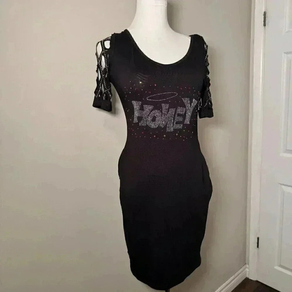 Y2K Black Honey Rhinestone Embellished Sheath Dress S/M Scoop Neck - Picture 2 of 7